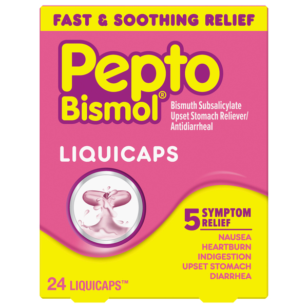 Pepto Bismol Upset Stomach Reliever/Antidiarrheal, 5 Symptom Relief, Liquicaps