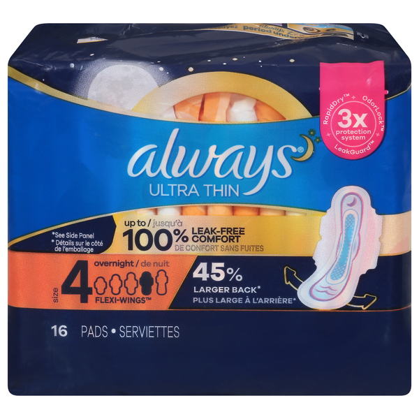 Always Pads, Ultra Thin, Flexi-Wings, Overnight, Size 4 « Discount Drug Mart