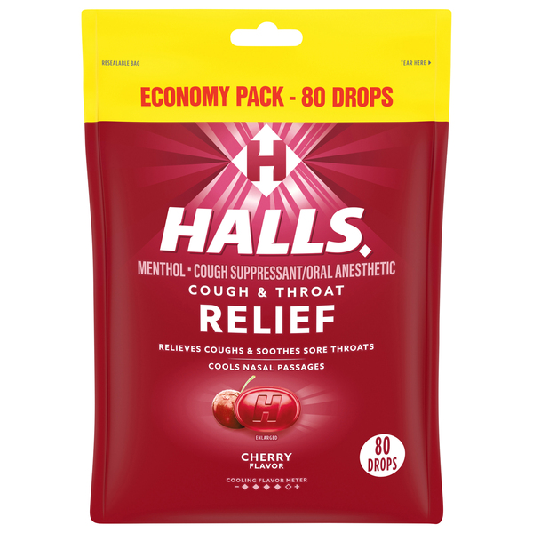 Halls Cough & Throat Relief, Cherry Flavor, Drops, Economy Pack